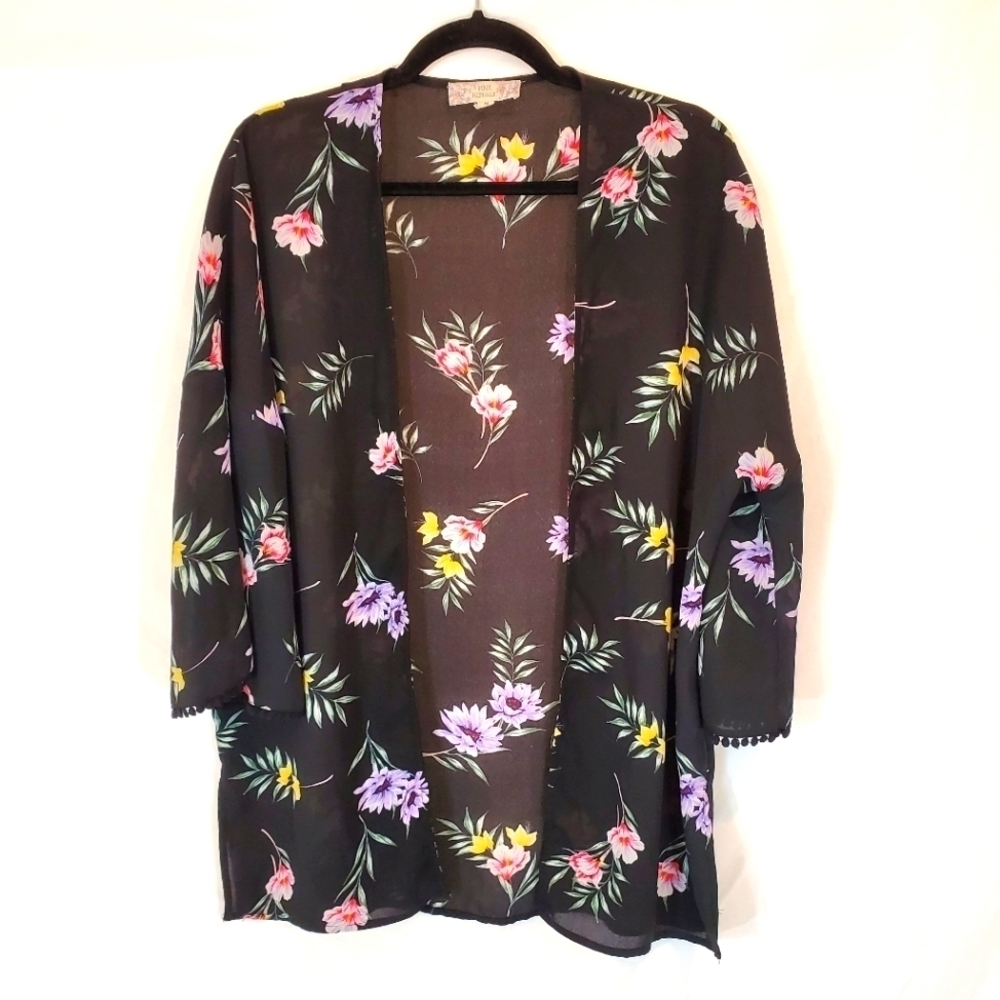 Pink Republic sheer black floral print Kimono size medium